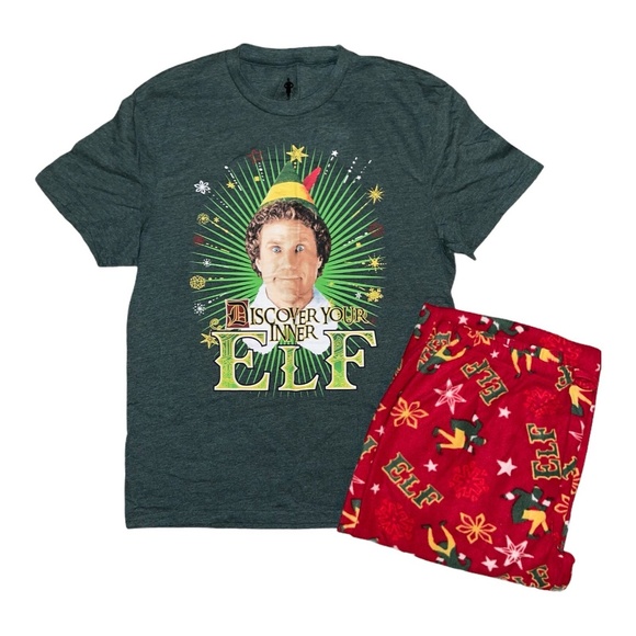 Elf Mens 2-Piece Dark Green & Red Christmas Holiday Pajama Set Medium - Picture 1 of 6